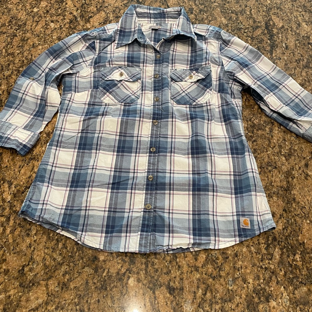 Carhartt Plaid 3/4 Sleeve Button Down - medium with tan sleeve option.